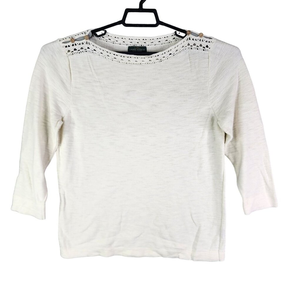Womens Ivory LRL Lauren Jeans Co Knit Top Crochet Detail Neck 3/4 Sleeve XL